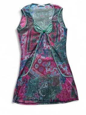Promod Boho Y2K Paisley Sheer Top Green & Pink Beach Coverup